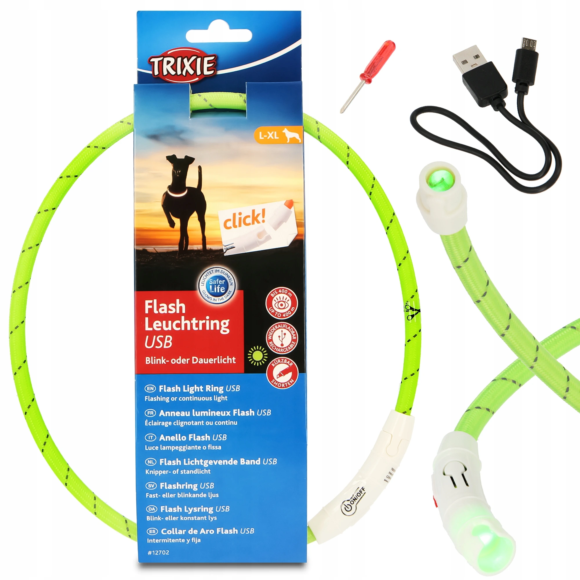 Flash light ring USB, L-XL: 65 cm/ø 7 mm, limegrön